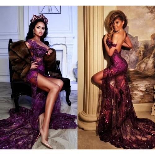 Stunning Sexy Purle Mermaid Prom Dresses Off Shoulder Appliques Evening Gowns 2021 Charming Front Split Formal Dress