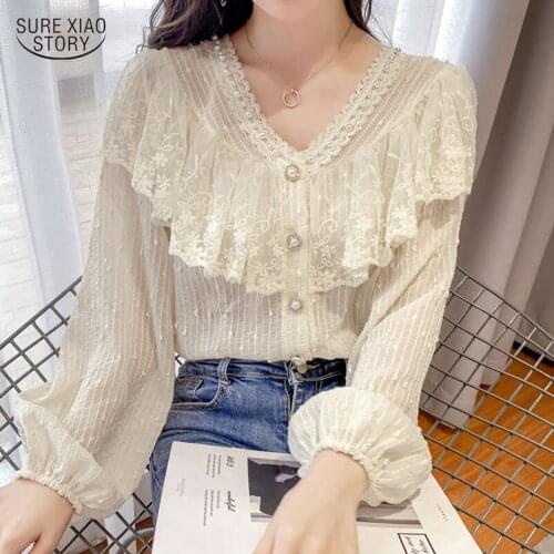 2021 Casual Charming Long-sleeved Solid Blouses Autumn V-neck Lace Beaded Elegant Shirt French Sweet Puff Sleeve Slim Tops 16810