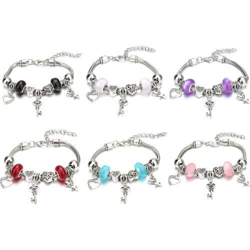 Drop Shipping Key Heart-lock Flower Shape 6 Colors Charm Bracelets for Women Glass Beads Bracelet & Bangle DIY Jewelry Gifts