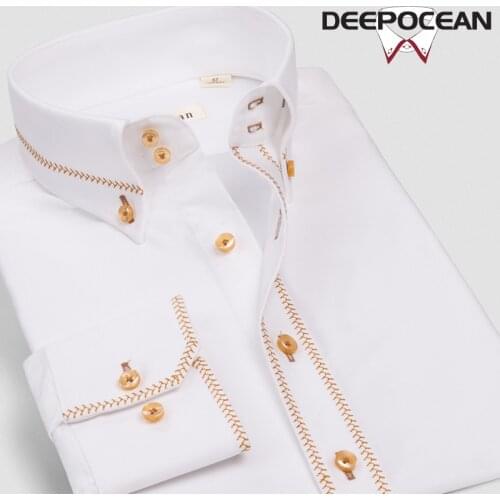 DEEPOCEAN court gentleman embroidery high neck white shirt mens long-sleeved cotton slim