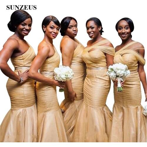 Champagne Tulle Bridesmaids Dresses For African Womens One Shoulder Pleated Long Party Gowns Wedding Guest Dress