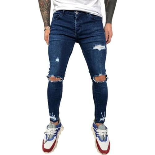 Skinny Jeans Men Fashion Knee Ripped Stretch Blue Denim Pencil Pants Male Slim Fit Distressed Black Jeans