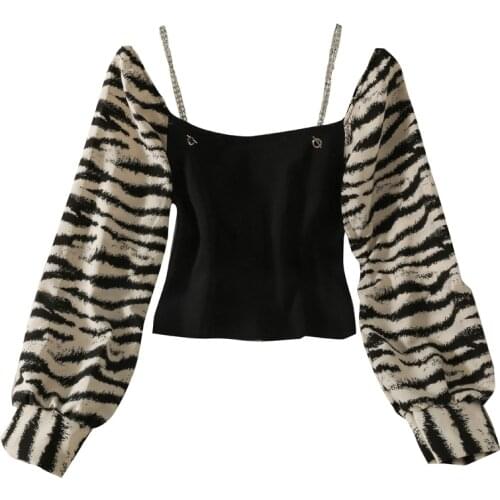 Autumn leopard print contrast color stitching one-word shoulder clavicle short section slim long-sleeved shirt women