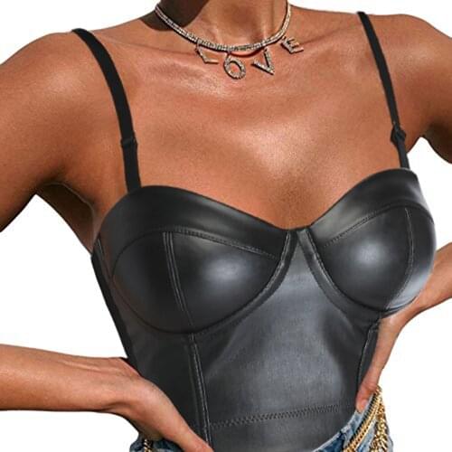 Womens Corset Sexy Black PU Leather Bustier Crop Top Fashion Lady Sleeveless Strap Camis Clubwear Summer Bustier Overbust