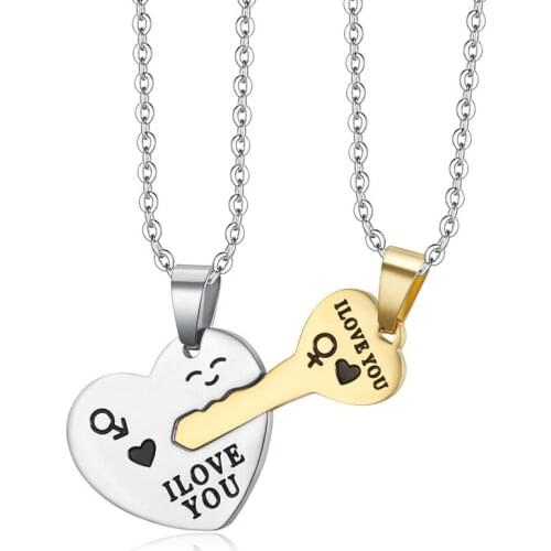 2 pcs Couple Necklace Key Heart Puzzle I Love you Pendant Necklace Black Gold Color Lovers Jewelry Gift