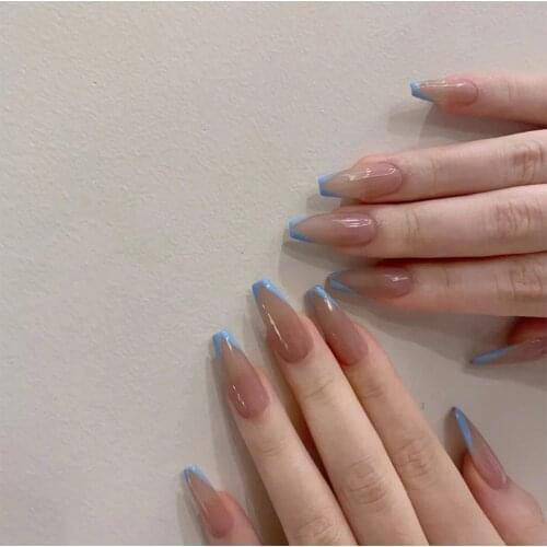 24Pcs Fake Nails Long Flat-Headed Light Blue Wearable Nail Stickers Fully Covered Nail Decoration Accessories Fashion Manicure