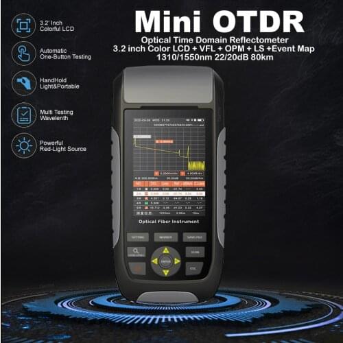 AK-500A/B Mini OTDR Fiber Optic Reflectometer 1310/1550nm 22dB Event Map 3.2' LCD + VFL OPM 80km + Cable Ethernet Tester