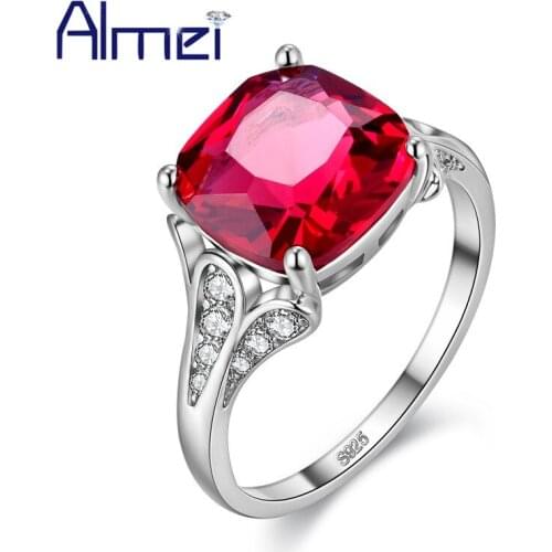 Almei 15%Off Wedding Rings For Women Silver Color Ring With Large Red Crystal Stone Jewelry Dropshipping USA Anel Feminino Y146