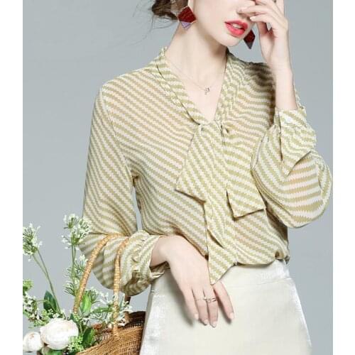 French Style Retro Women Chiffon Stripe Blouses Shirts Long Sleeve Fashion V-Neck Bow-Knot Loose Tops BlusasMM0194