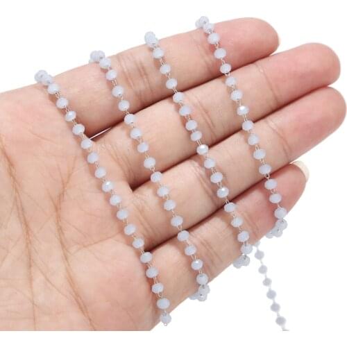1 Meter Stainless Steel Grey White Rosary Beaded Chain Round Glass Beads Chains for Jewelry Making Sold by Meter