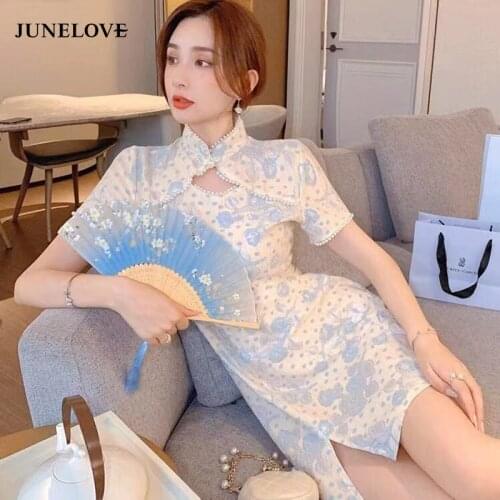 JuneLove Women Chinese Style Short Sleeve Vintage Mini Floral Dress Female Evening Party Elegant 2021 Summer Dress Cheongsam