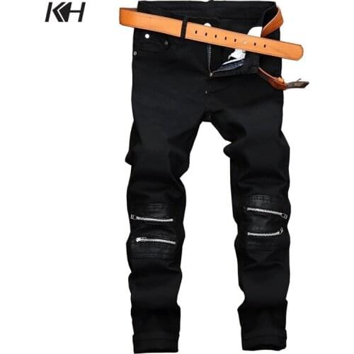 KH Men Brand Casual Straight Jeans Mens Fashion Zipper Decoration Elastic Slim Black Denim Pants Riding Motorcycle Trousers