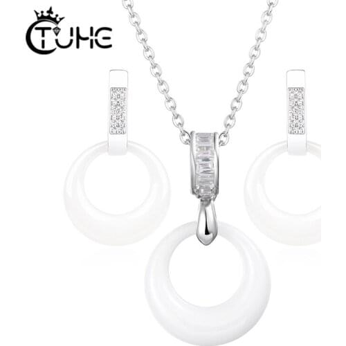 White Blue Round Ceramic Jewelry For Women Fashion Necklace Earrings Elegant Party Earring Wedding Jewelry Sets Accessories Gift