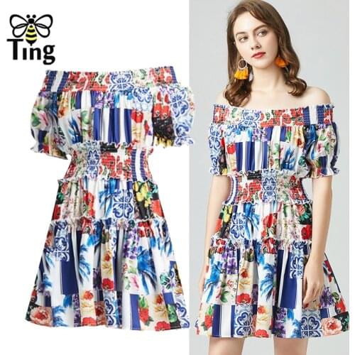 Tingfly Fashion Summer Women Ruched Designer Floral Print Mini Dress Slash Collar Elastic High Waist Short Dresses Elbise Traf