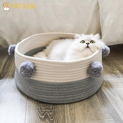 FATHIN Summer Cotton Cat Small Dog Bed with Pompom Nordic Style Small Pet House 6 Colors