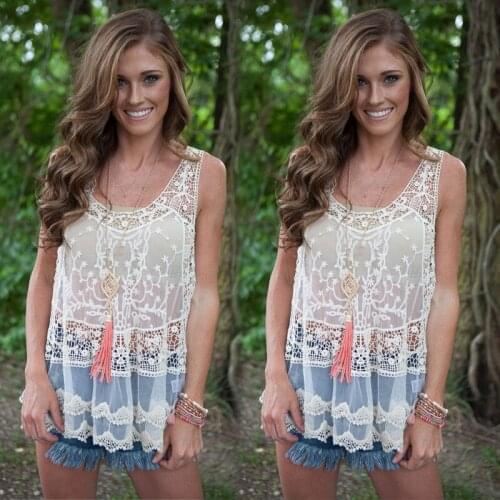 Fashion Womens Beachwear Sleeve Embroidery Top Blouse Lace Floral Crochet Shirt Vest