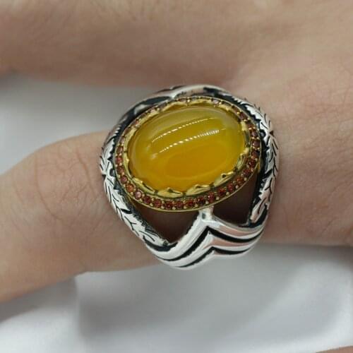 925 Sterling Silver Natural Agate Ring for Men with Yellow Stone & CZ Rings Vintage Carved for Male Fine Turkish Silver Jewelry