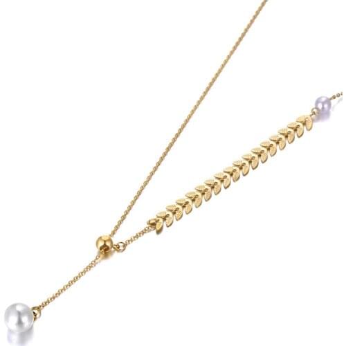 Trendy Bohemia Stainless Steel White Pearl Choker Necklaces For Women Girls Chic Leaflet Charm Pendant Necklace N20097