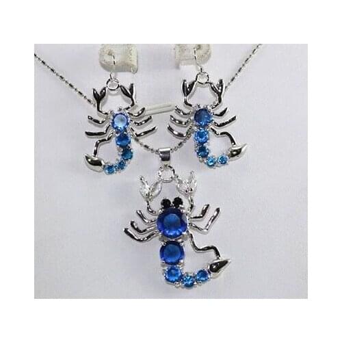Blue Cubic Zirconia Crystal Scorpion Pendant Necklace Earrings