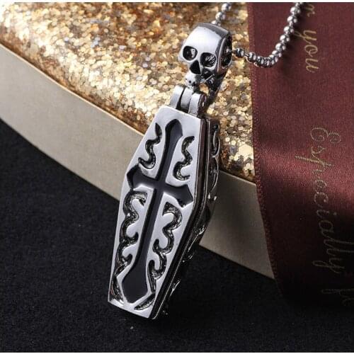 Skull Necklace Domineering Silver Color Cross Coffin Skull Pendant Necklace for Men Women Long Chain Punk Jewelru Biker Chain