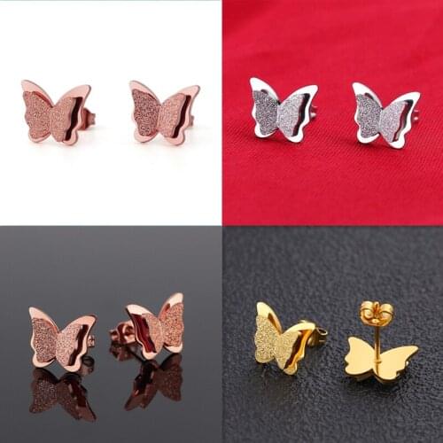 Oly2u Delicate Crystal Frosted Butterfly Stainless Steel Stud Earrings for Women Wedding Accessory Lovers Engagement Jewelry