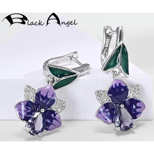 BLACK ANGEL Purple Enamel Russia Flowers Clip Earrings 925 Silver Amethyst Gemstone Earrings 2020 New Fashion Jewelry Wholesale