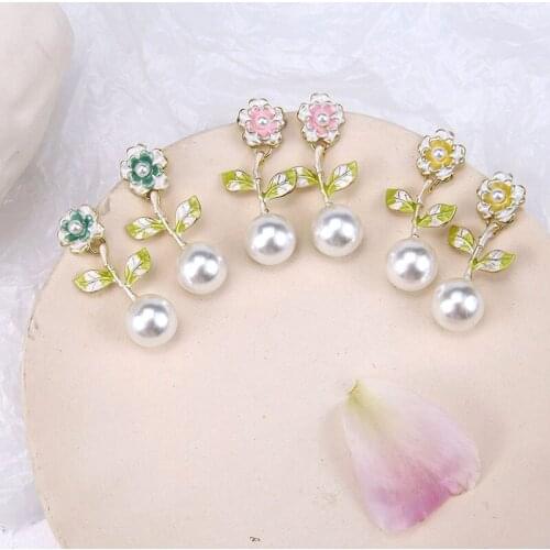 Earrings Dangle Enamel Charms Big Rose Pearl Dangle Alloy Pendant fit DIY Jewelry Drop Oil Accessories Craft 10 pcs 20*45 mm