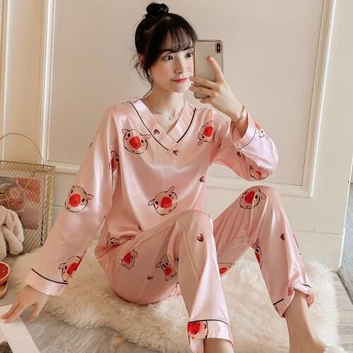 Long Sleeve Silk Pajamas Sets for Women Autumn Satin Sleepwear Pyjamas Nightwear Set Young Girl Pijama Set femme V-neck homewear