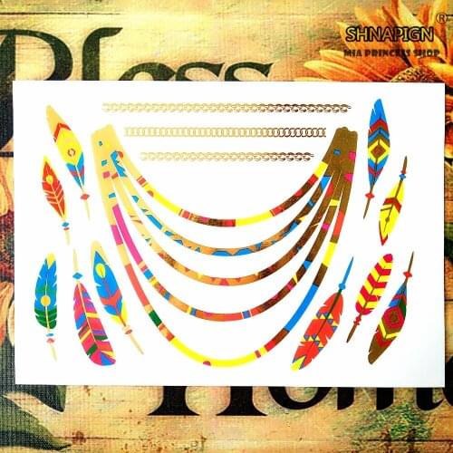 SHNAPIGN 25 style Temporary Body Art,golden Red yellow feathers Designs,Flash Tattoo Sticker Keep 3-5 days Waterproof 21*15cm