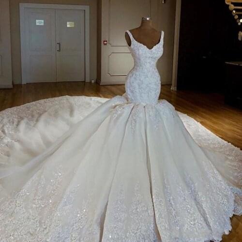 Crystal Applique Mermaid Wedding Dresses Modest Cathedral Train Lace Beaded Dubai Arabic African Trumpet Church Wedding Gown