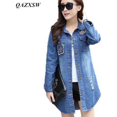 QAZXSW Plus Size Womens Jean Jackets Korean Loose Casual Denim Jacket Women Coat Long Sleeve Outerwear Abrigos Mujer YX8857