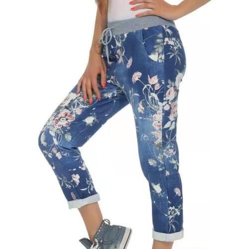 Vintage Flower Print Women Mid Rise Jeans Side Pockets Tights Elastic Waist Lace-up Casual Pencil Pants for Women 2021