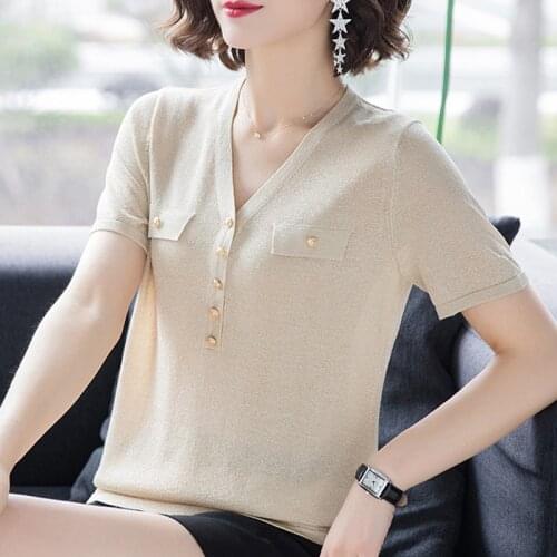 Summer Glitter basic shinny Sweater Pullovers Women female 2021 v-neck loose casual sweater bling knit Jumpers top Tshirt