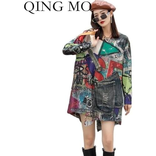 QING MO Autumn Fashion Letters Graffiti Stitching Denim Pocket Pullover Sweater Women 2021 New Loose Knitted Sweater ZWL829