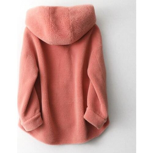 Real Winter 2020 Fur Coat Women Long Sheep Shearling Overcoat Genuine Pink Fur Coat Hooded Natural Wool Jackets 59325