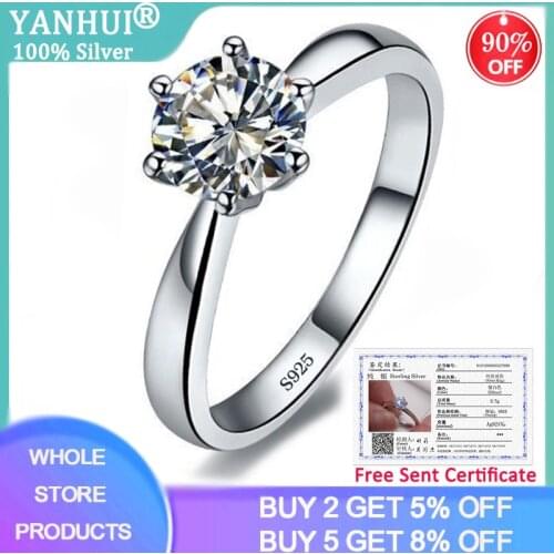 YANHUI Have Certificate 100% Original 925 Solid Silver Wedding Rings Natural Topaz 6mm 1ct Zirconia Diamond Rings For Women R003