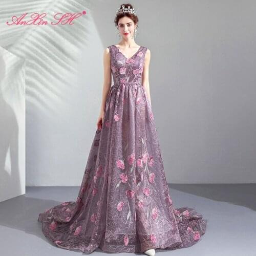 AXJFU princess purple lace Evening Dresses luxury vintage strapless sleeveless pink flower tail violet evening dress 3160