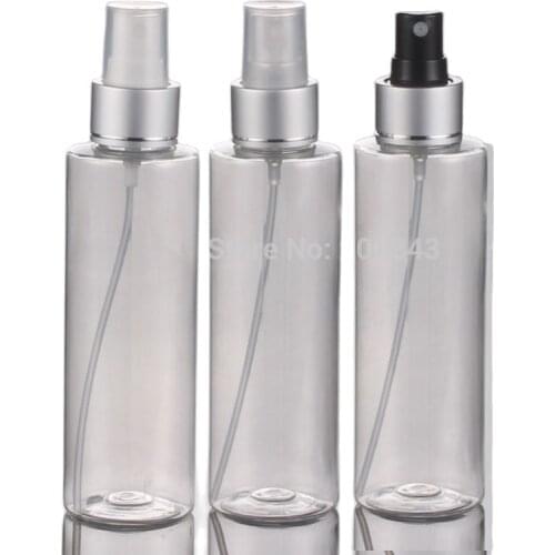 150ML PET bottle plastic bottle with white/transparent/black mist sprayer pump matt silver collar for cosmetic packing