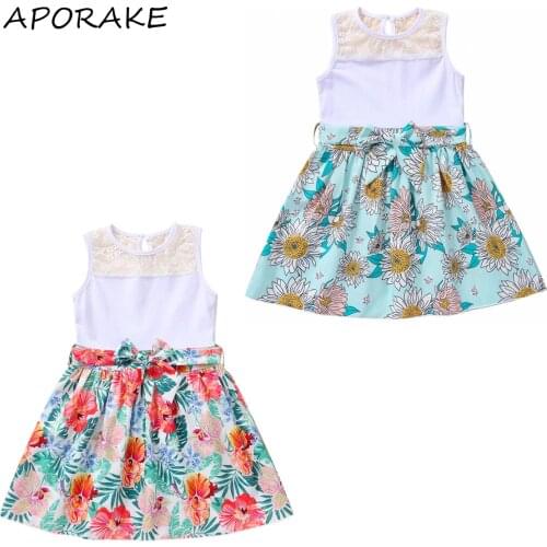 2021 0-6Y Summer Girls Vest Style Short Dress Fashion Floral Printing Sleeveless Lace Stitching A-line Princess Dress