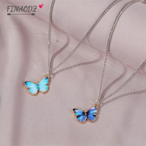 FIMAODZ Korean Blue Butterfly Necklace Chain Elegant Charm New Style Shiny Crystal Pendant Statement Necklace For Women Gift