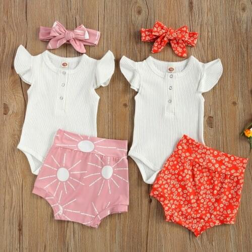 Cute Toddler Kid Baby Girls Clothes Solid Tops+Floral Print Shorts+Headbands Sets Children Baby Girl Clothing 3-18M