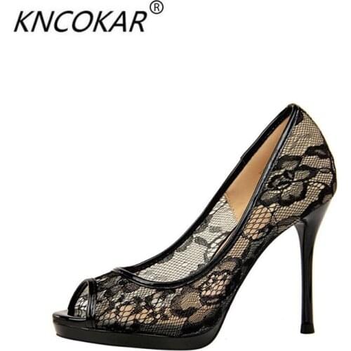 KNCOKAR 2018 Summer new sexy nightclub ladies fine ultra - high heel waterproof platform mesh hollow lace fish mouth shoes