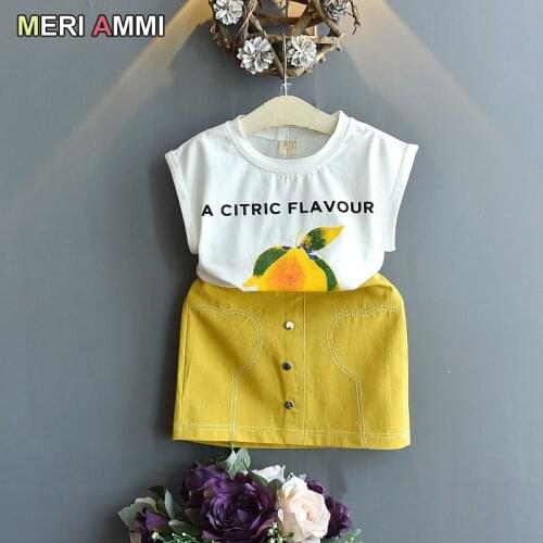 MERI AMMI 2 pcs Set Children Girl Clothing Outfit Set Lemon Tee +Cartoon Skirts For 2-13 Year Girl