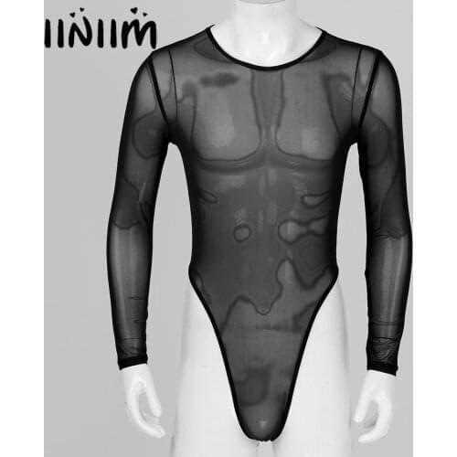 Iiniim Mens Male Exotic Costumes Teddies See-Through Transparent Mesh Bodysuit Jockstraps Pouch High Cut Zipper Bodystocking