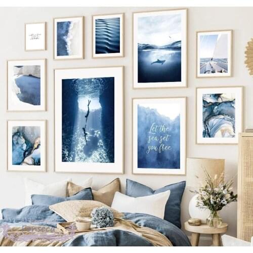 Wall Art Canvas Painting Blue Ocean Diving Sea Whale White Sand Stone Hill Beach Posters and Prints for Living Room Decor