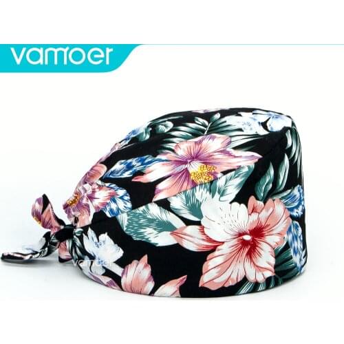 New Highend Print Scrub Hat Adjustable Unisex Cotton Beauty Salon Working Hats with Sweatband Surgical Cap Nurse Accessories