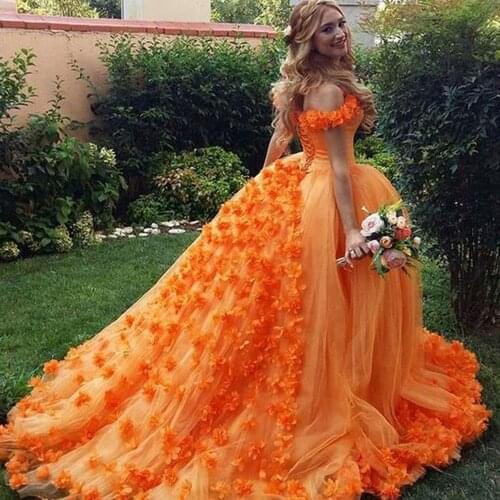 Orange prom dresses 2020 off the shoulder hand made flowers 3d flowers ball gown court train evening dresses abendkleider dress