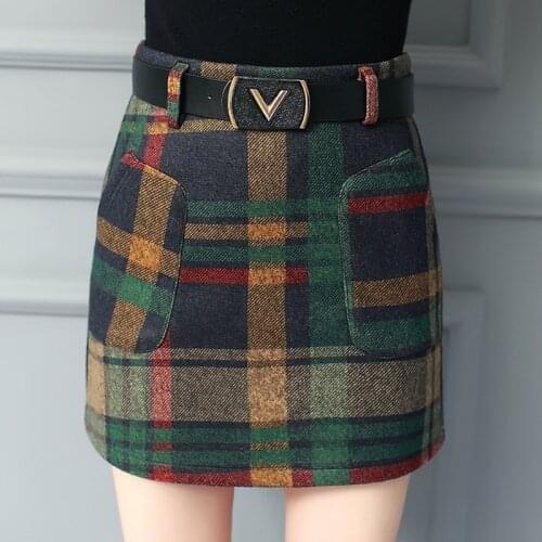2020 Autumn Winter Plaid Wool Skirt Women Short Skirt Pockets Mini Woolen Checked Skirts Vintage Office Ladies Plus Size