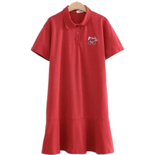 Cartoon Embroidery Straight Dress For Women Turndown Collar Short Sleeve Cotton Pleated Dresses 2020 Summer Casual Loose Dress