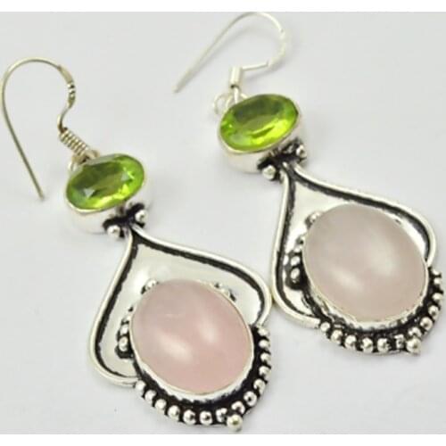 Rose Quarzt & Peridots , Silver Overlay on Copper Earrings ,62mm , E2658